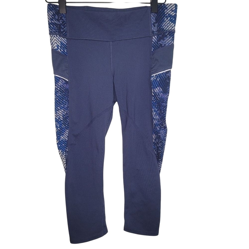 Athleta Sonar Capri Leggings Navy Blue Geometric Side Pockets Small 138194